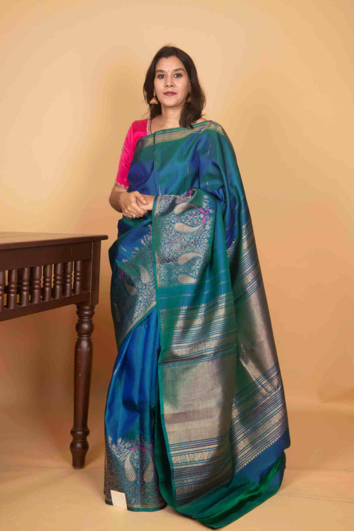 Peacock blue designer kanchi silk saree
