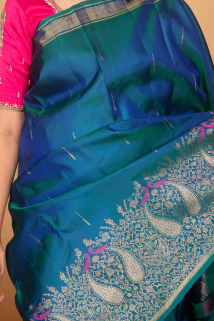 Peacock blue designer kanchi silk saree
