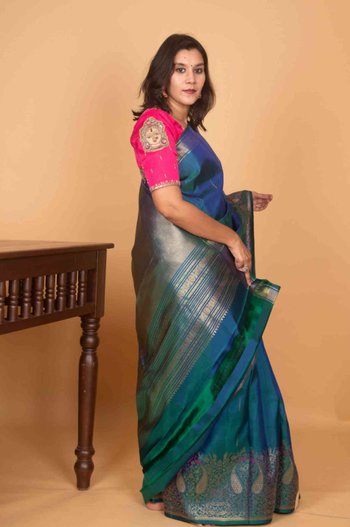 Peacock blue designer kanchi silk saree