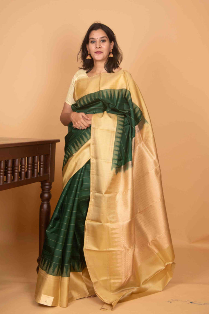 Moss green and sage green temple border silk saree
