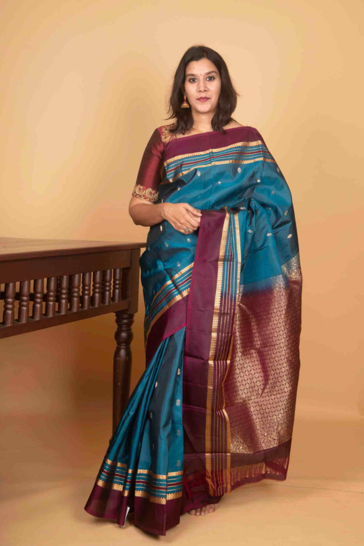 Egyptian blue and purple adukku pettu silk saree