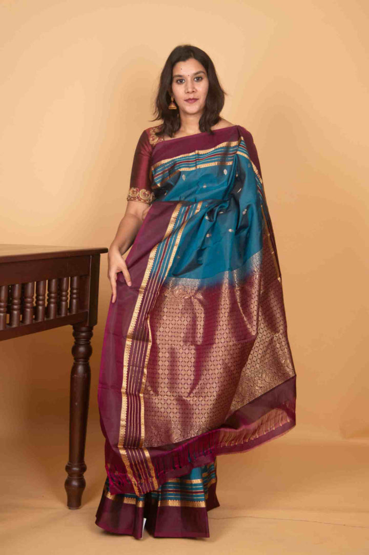 Egyptian blue and purple adukku pettu silk saree