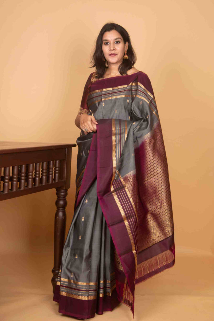 Grey and purple adukku pettu silk saree