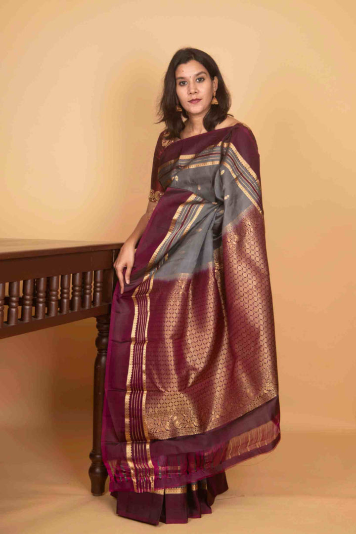 Grey and purple adukku pettu silk saree
