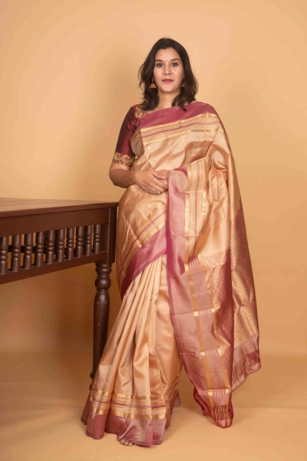 Parchment white and dual tone pink silk saree