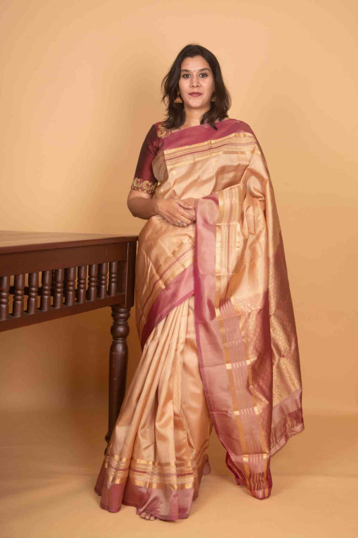 Parchment white and dual tone pink silk saree