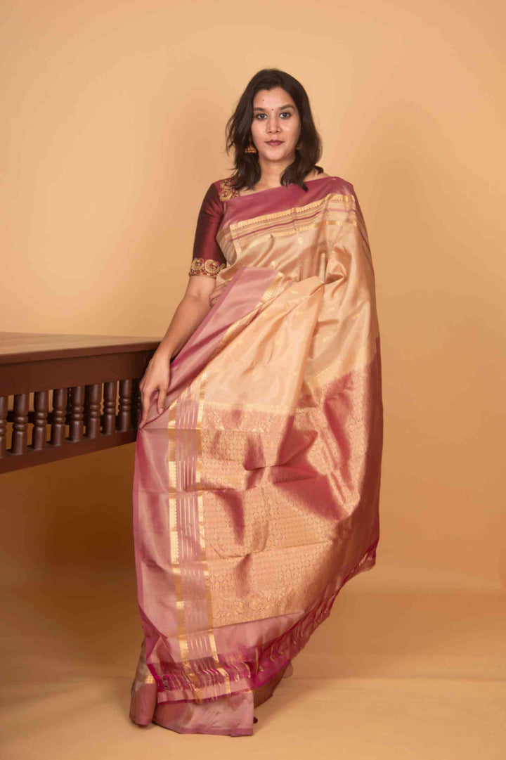 Parchment white and dual tone pink silk saree