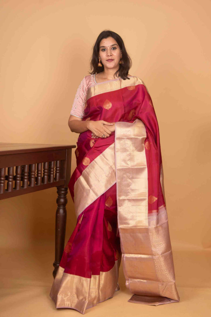 Amaranth and fairy tale pink korvai silk saree