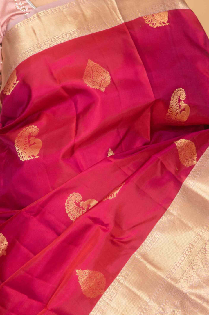 Amaranth and fairy tale pink korvai silk saree