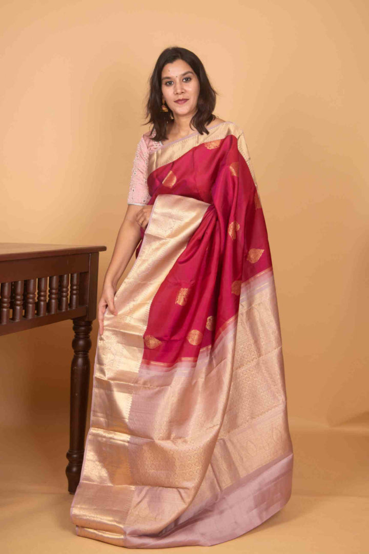 Amaranth and fairy tale pink korvai silk saree