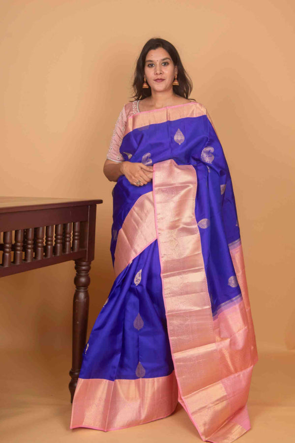 Royal blue and powder pink korvai silk saree