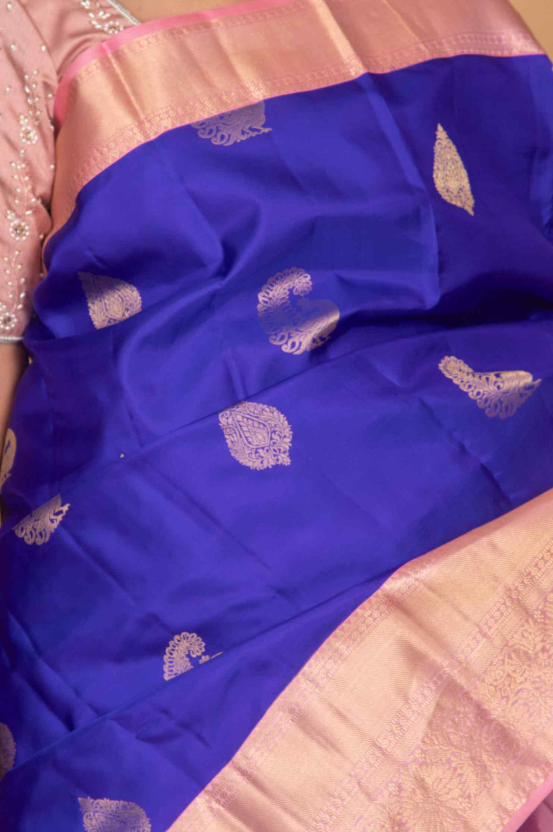 Royal blue and powder pink korvai silk saree