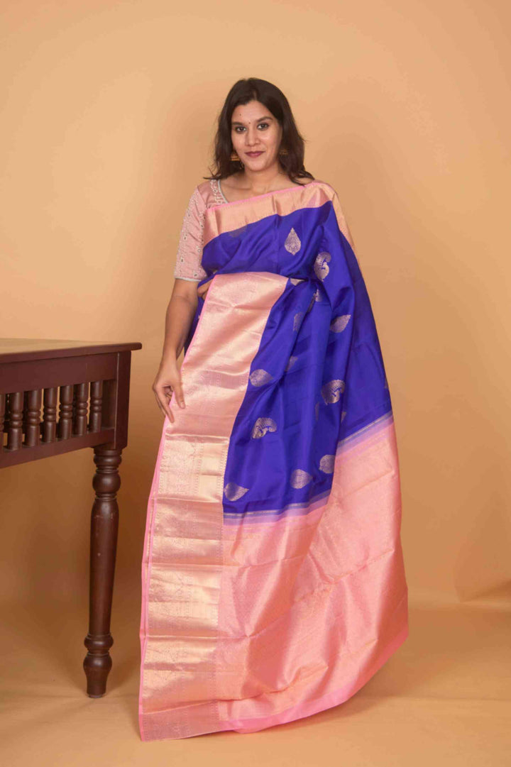 Royal blue and powder pink korvai silk saree
