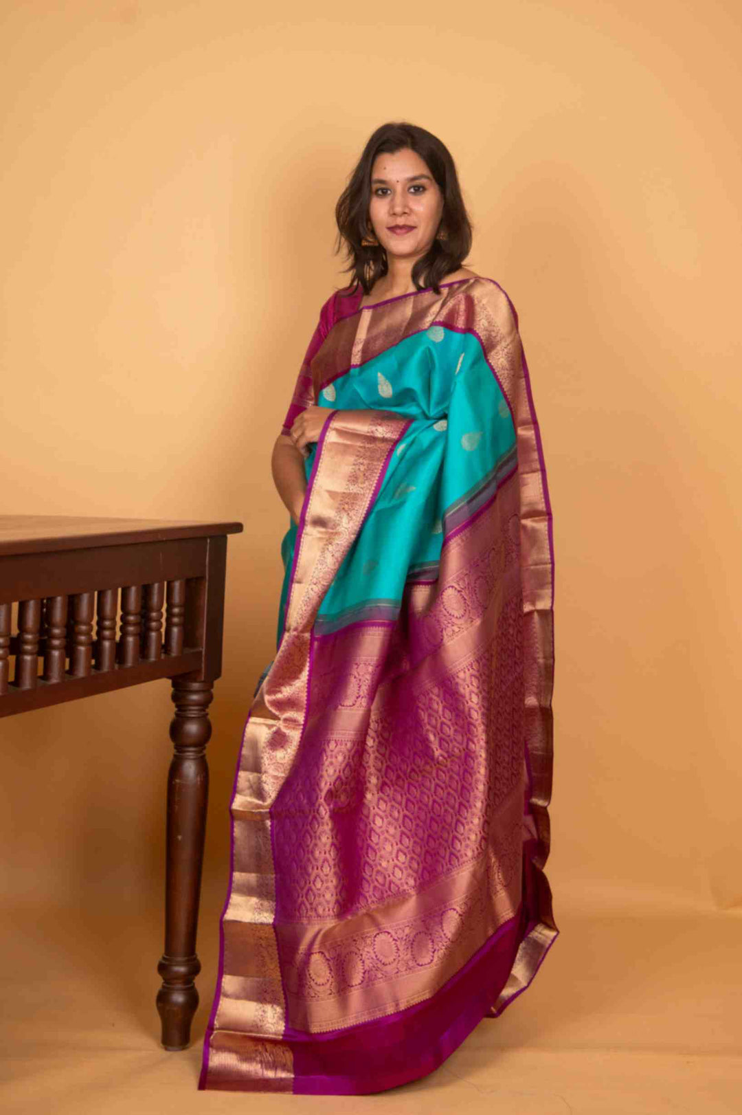 Aqua blue and purple korvai silk saree