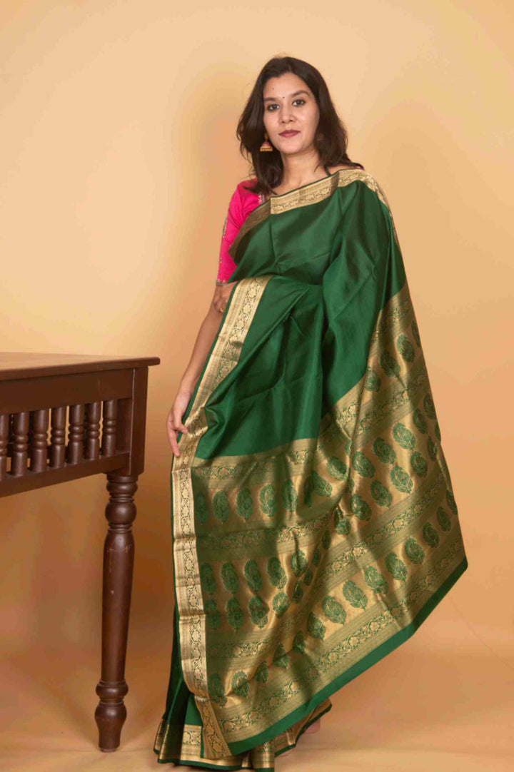 Forest green plain kanchi silk saree