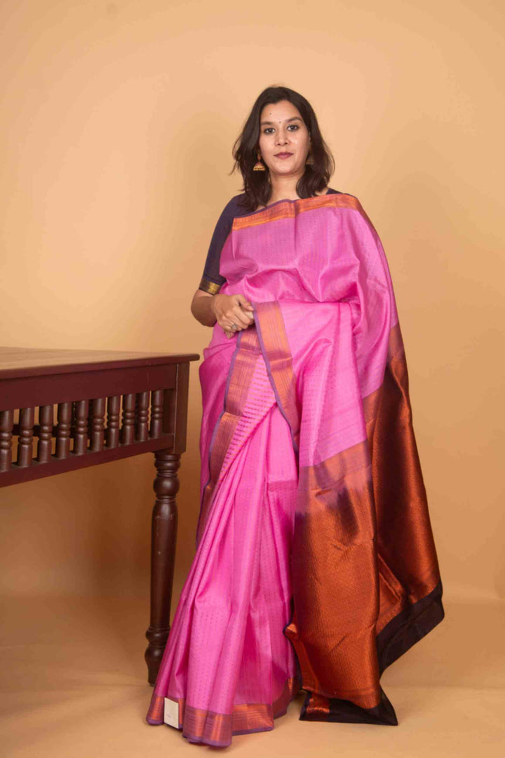 Rosemilk pink and navyblue aaiyram butta silk saree