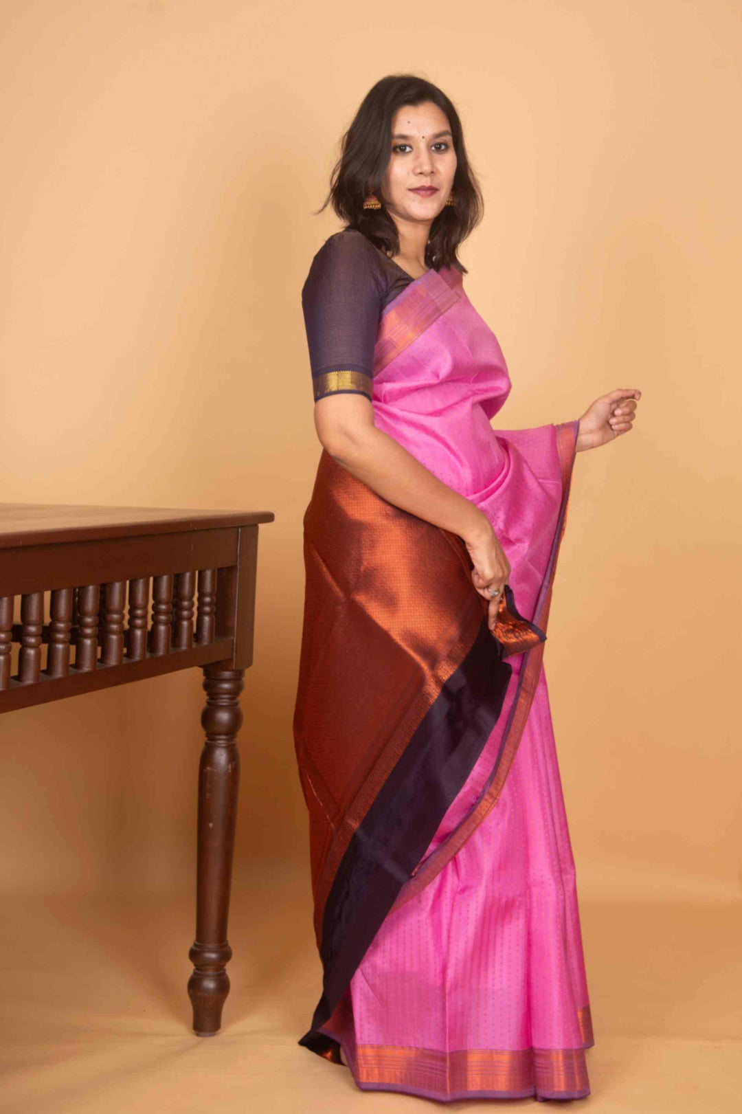 Rosemilk pink and navyblue aaiyram butta silk saree