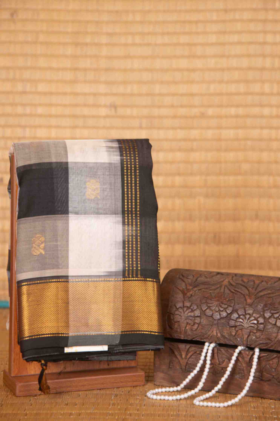 White and black silk cotton saree
