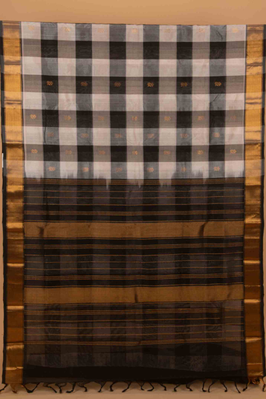 White and black silk cotton saree