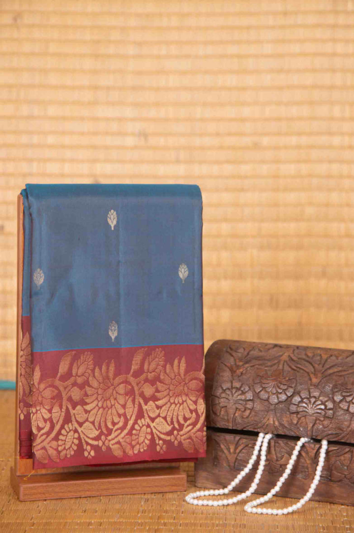 Peacock blue and maroon pure silk saree