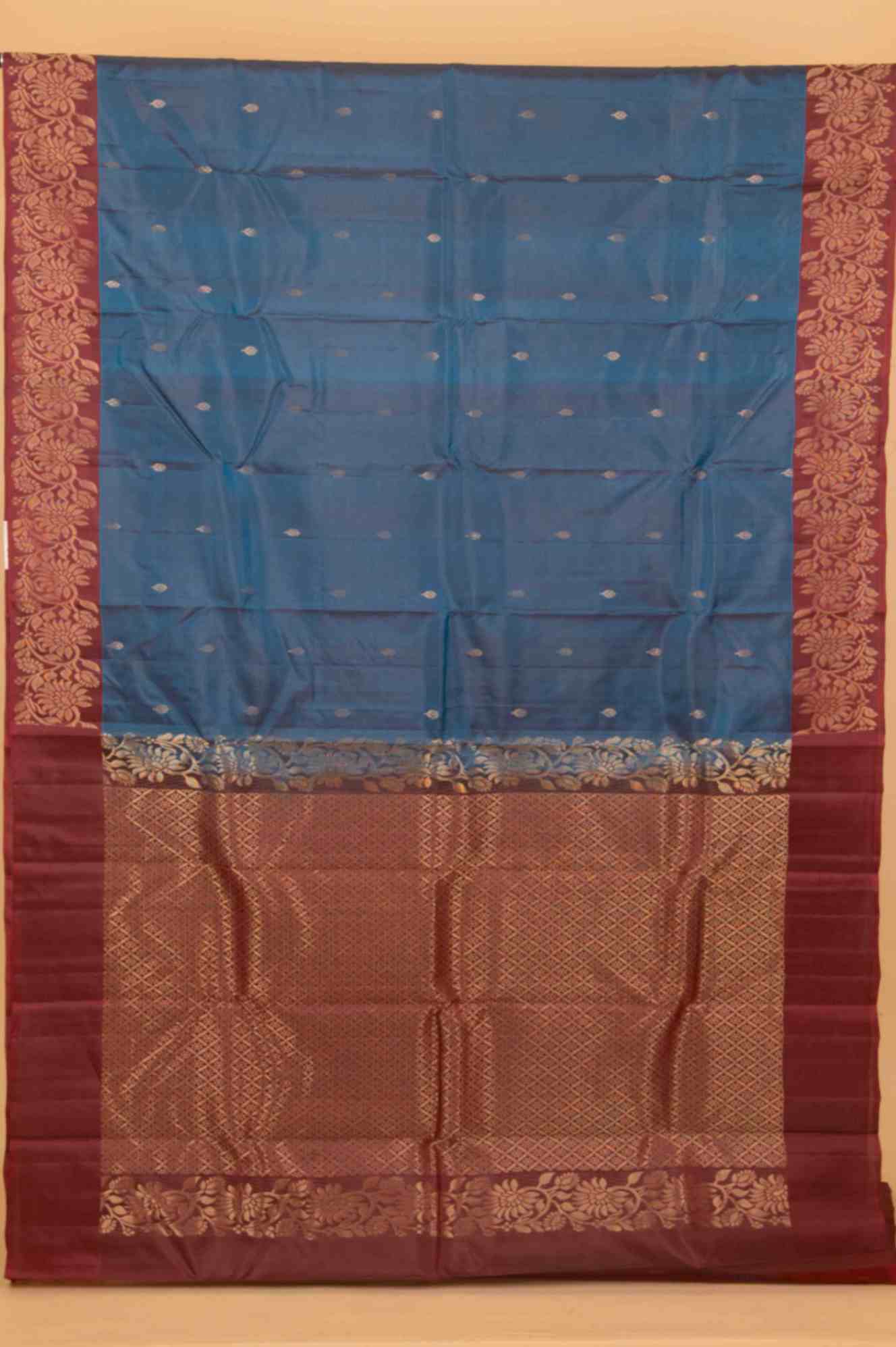 Peacock blue and maroon pure silk saree