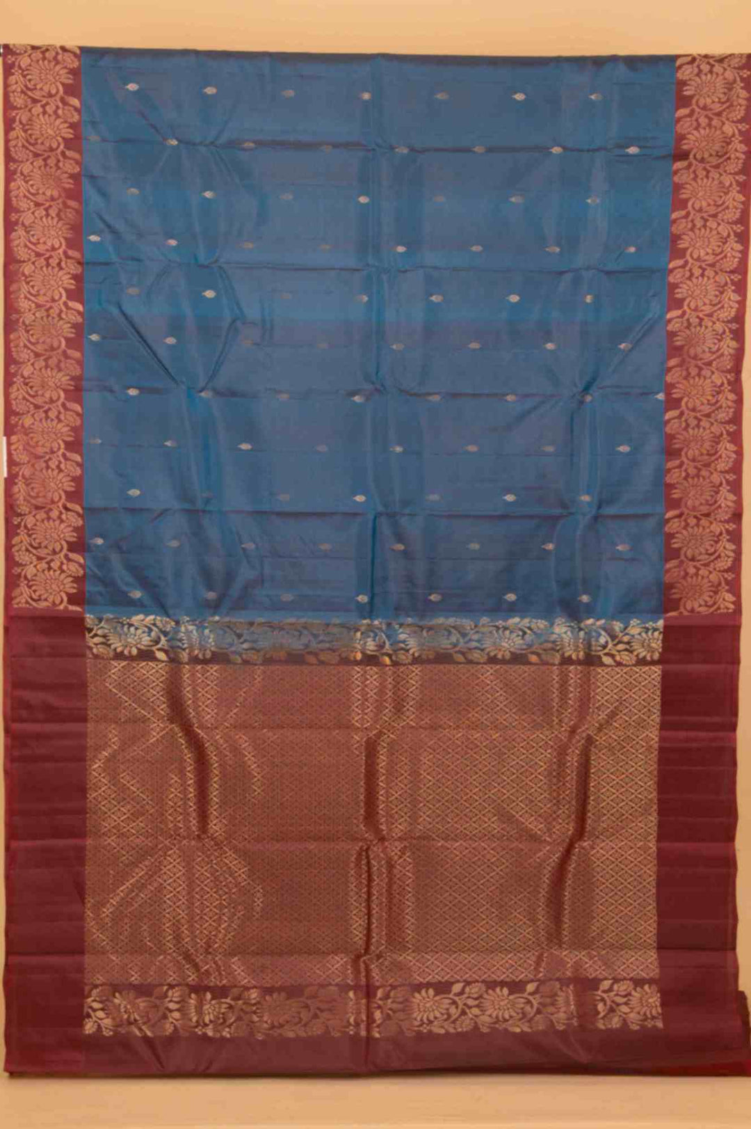 Peacock blue and maroon pure silk saree