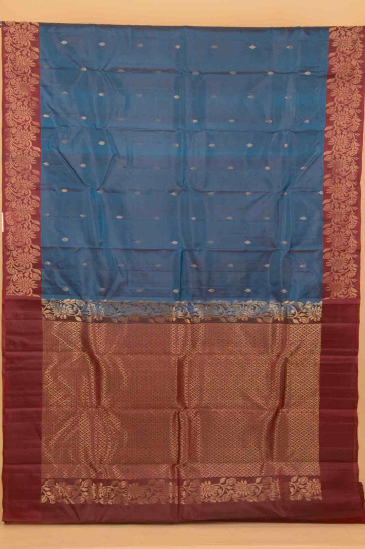 Peacock blue and maroon pure silk saree