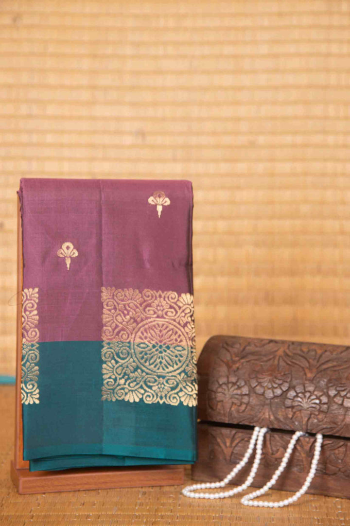 Lavender mauve and teal pure silk saree
