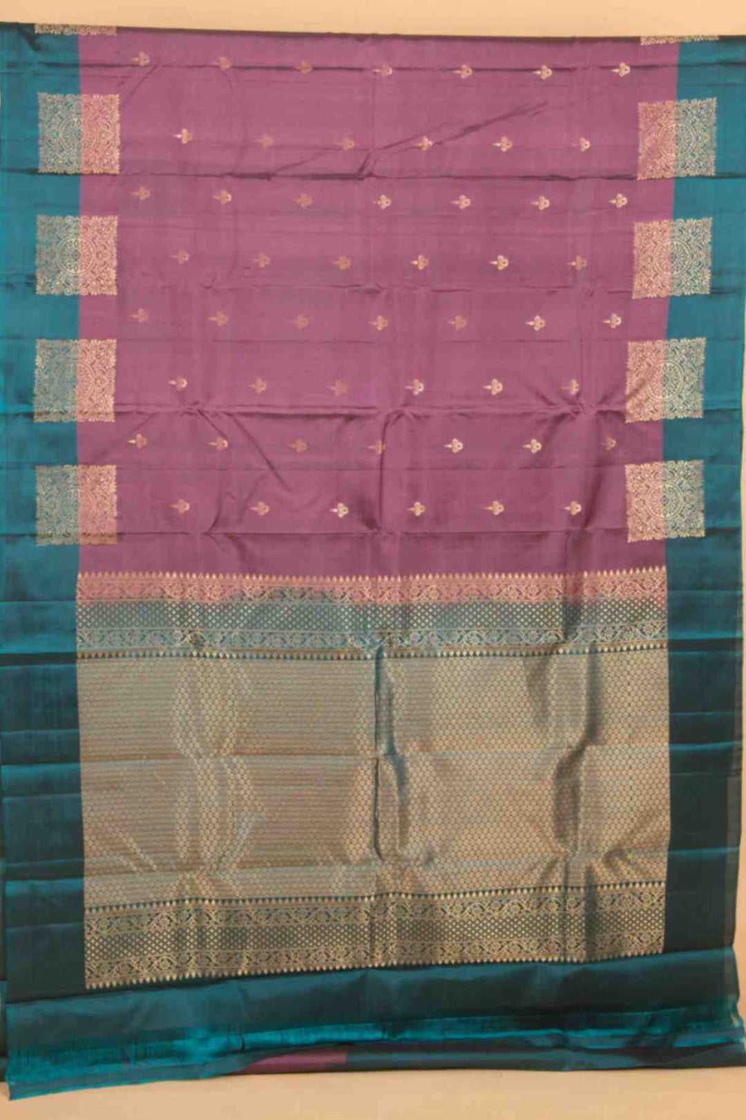 Lavender mauve and teal pure silk saree