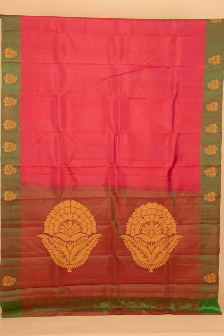 Tomato red and mandhulir green zero zari silk saree