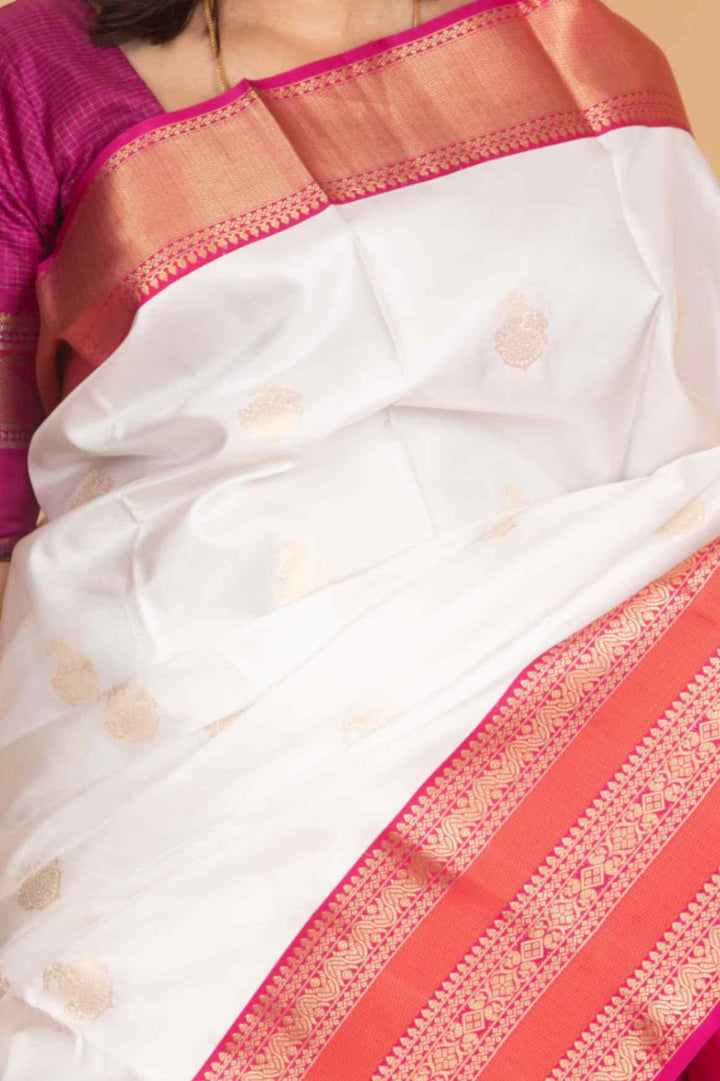 Pearl white and magenta korvai pure silk saree