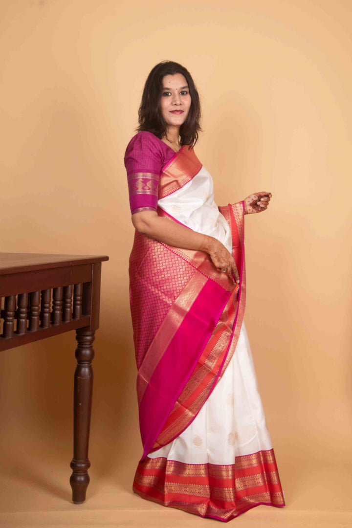Pearl white and magenta korvai pure silk saree