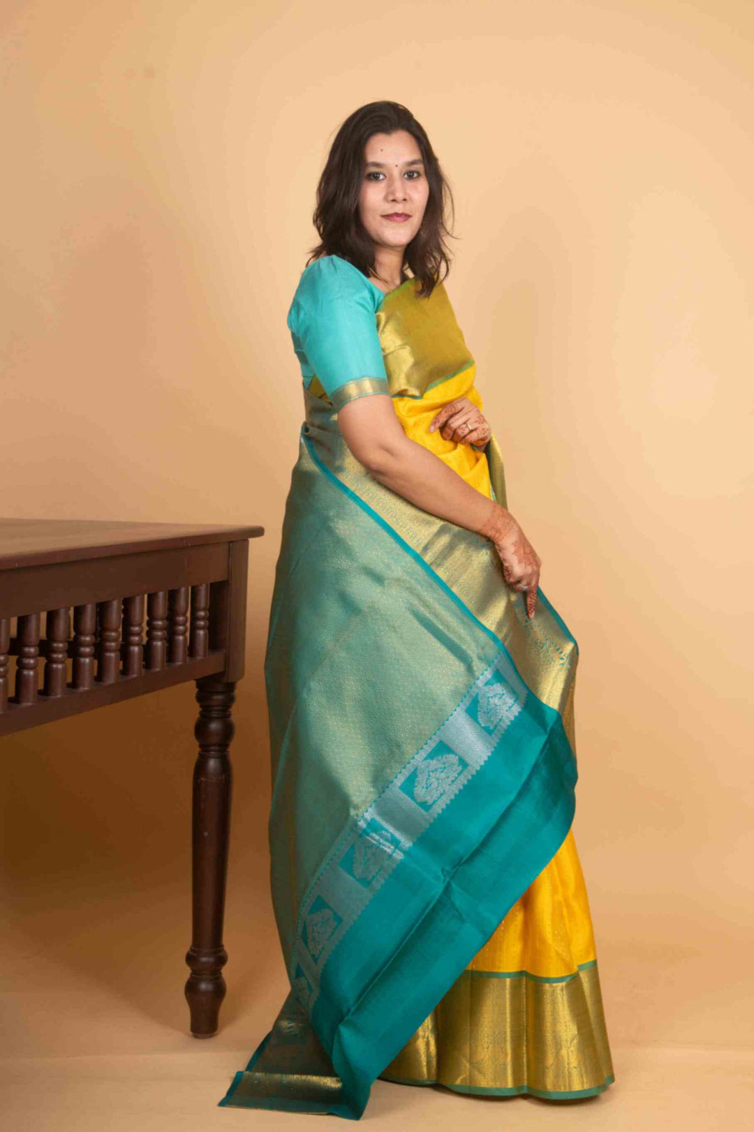 Yellow and teal silk saree