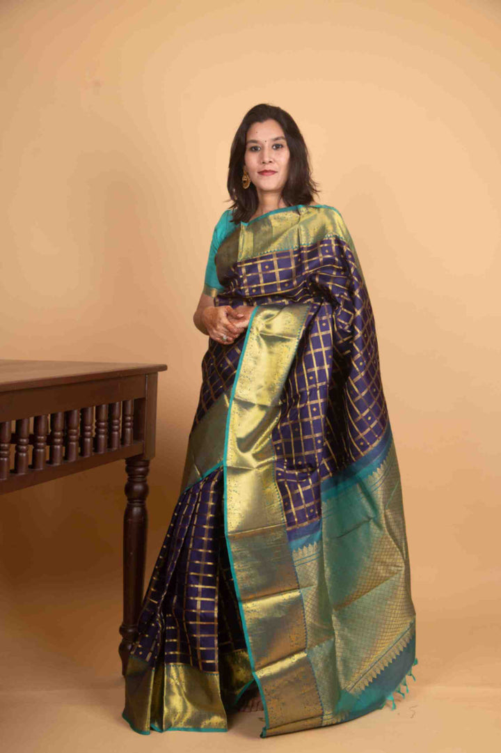 Midnight blue and teal blue traditional silk saree
