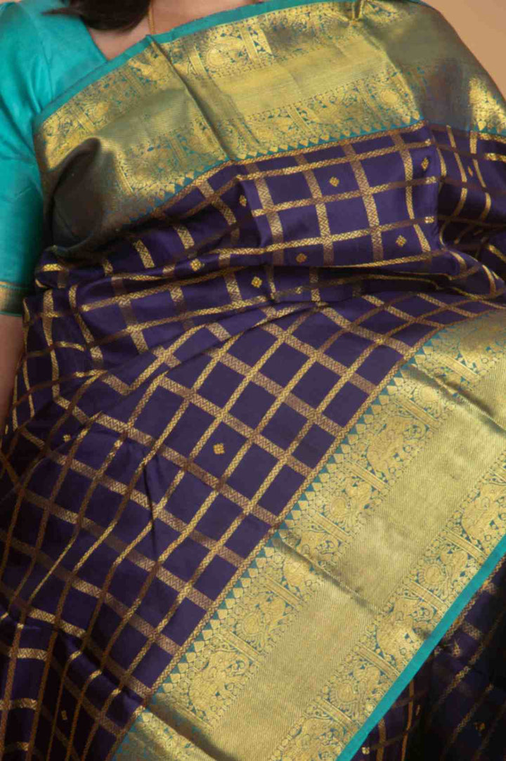 Midnight blue and teal blue traditional silk saree