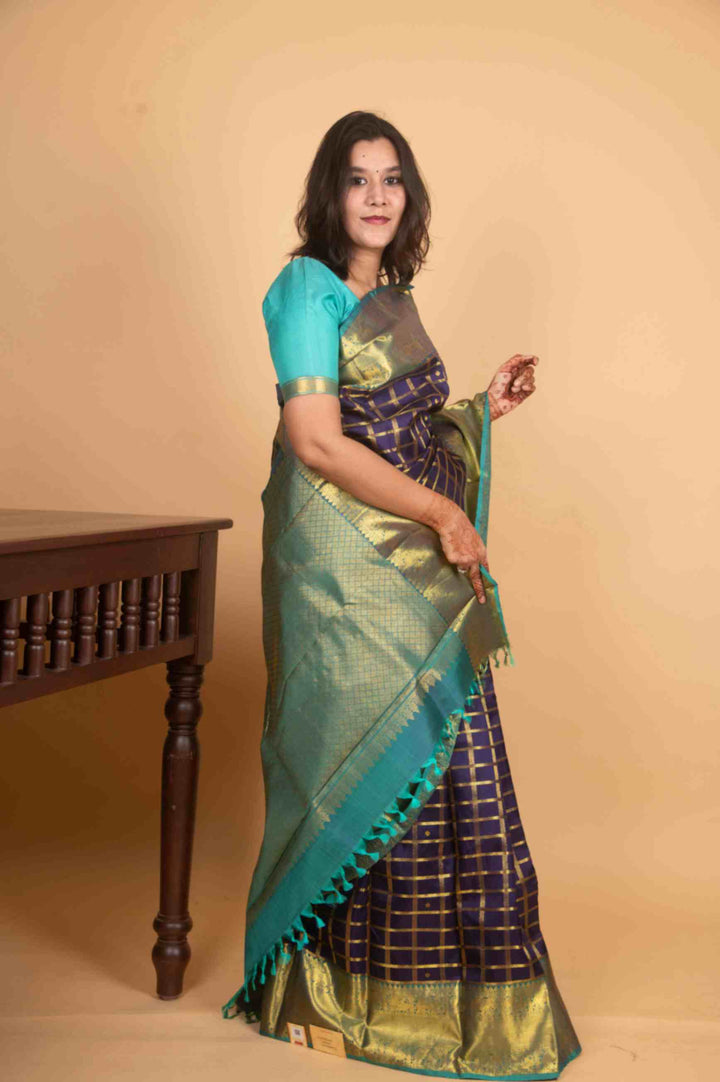 Midnight blue and teal blue traditional silk saree