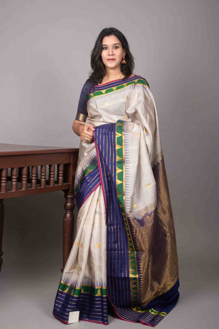 Platinum grey and Navyblue korvai silk saree