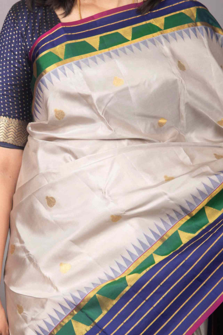Platinum grey and Navyblue korvai silk saree