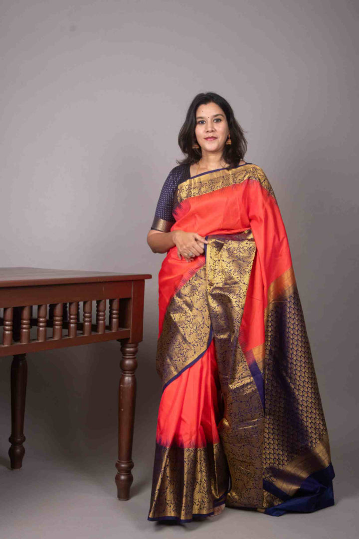 Radical red and navyblue designer kanjivaram silk saree