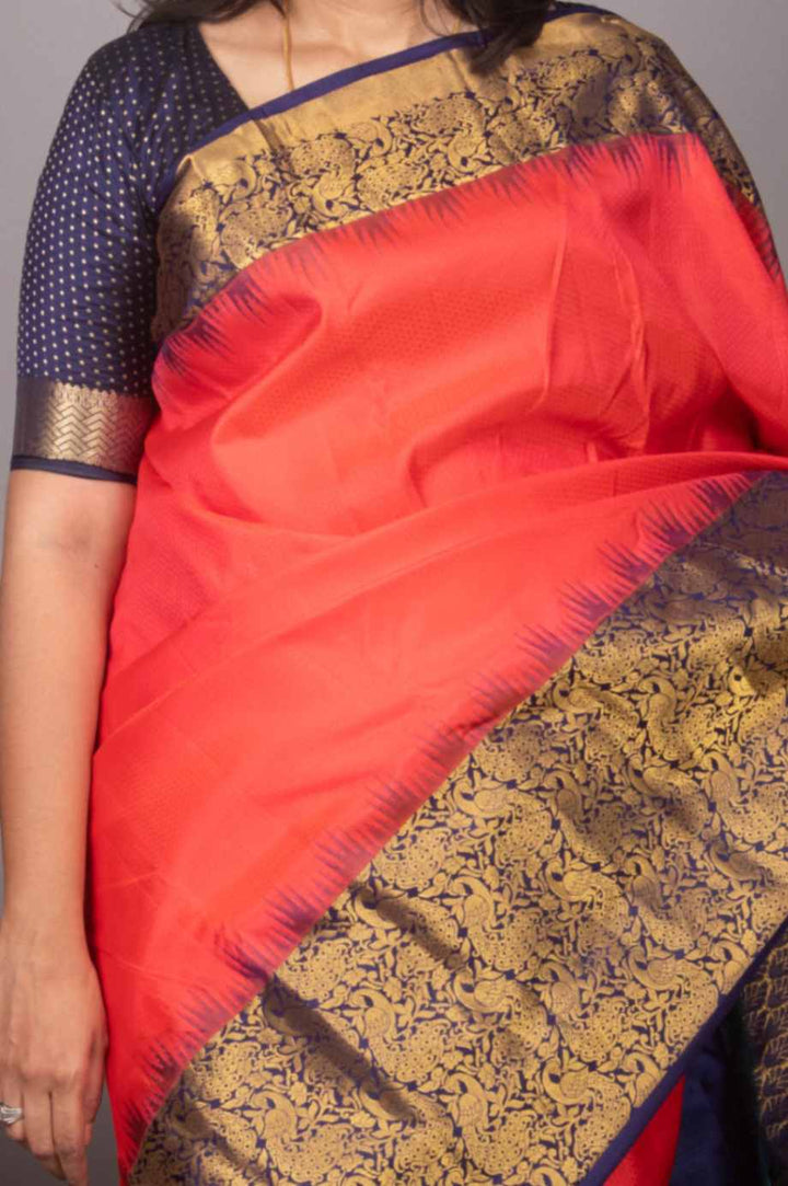 Radical red and navyblue designer kanjivaram silk saree