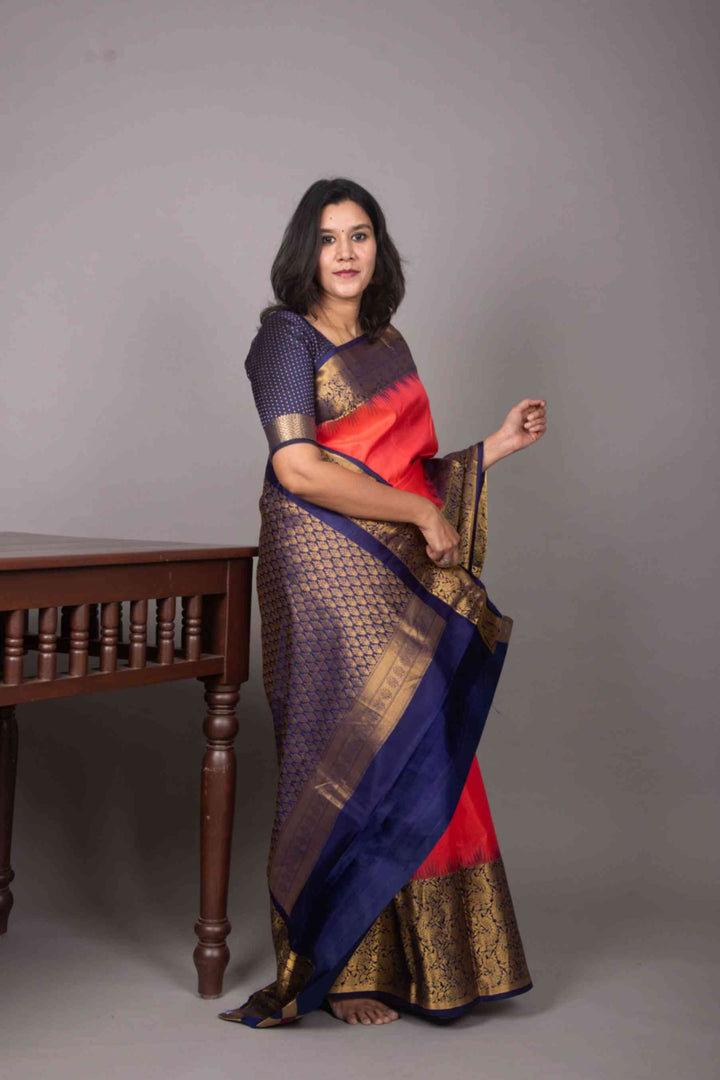 Radical red and navyblue designer kanjivaram silk saree