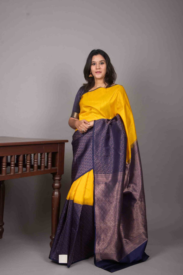 Yellow and blue half and half designer silk saree