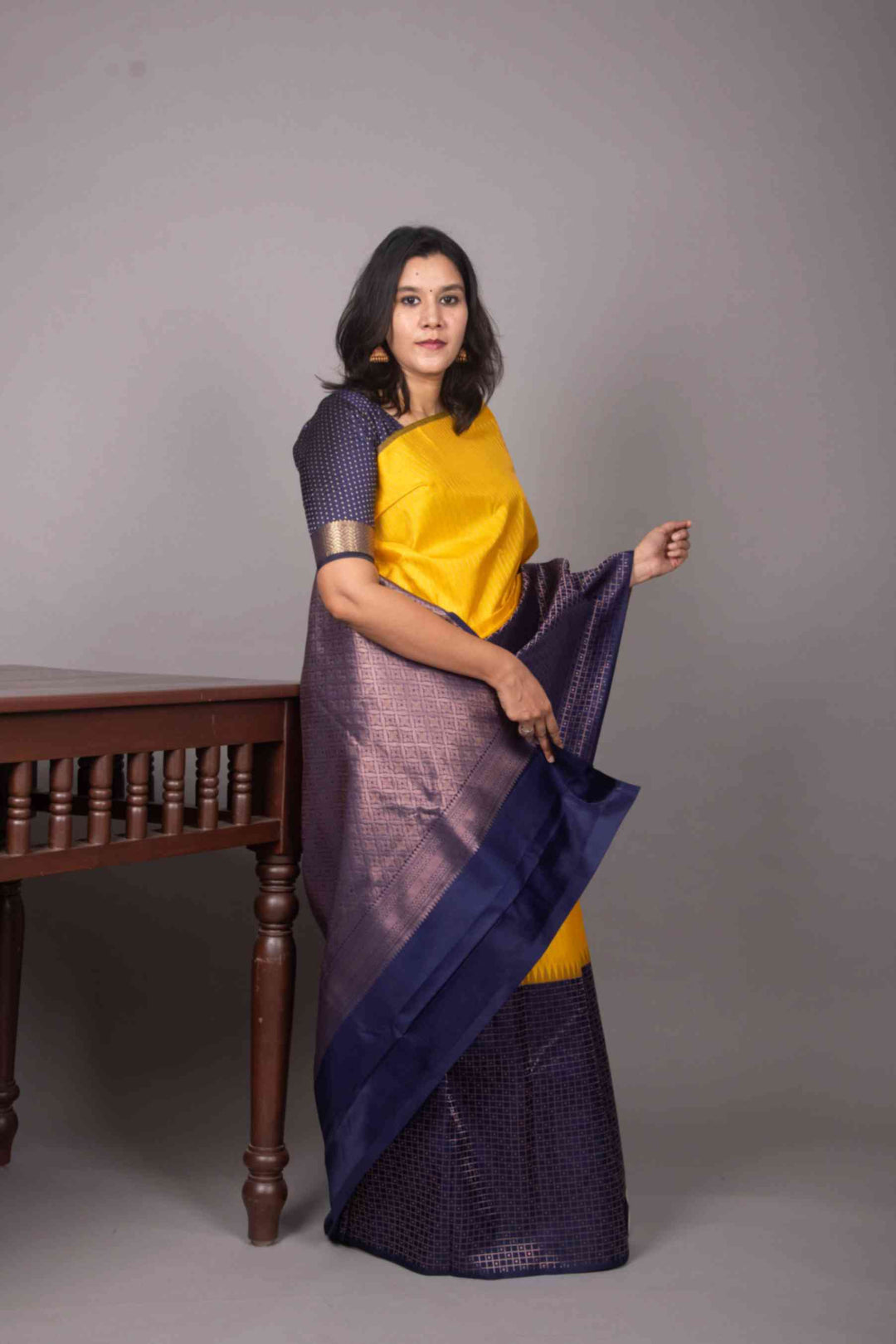 Yellow and blue half and half designer silk saree