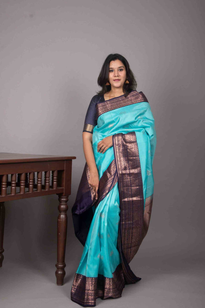 Skyblue and navyblue korvai silk saree
