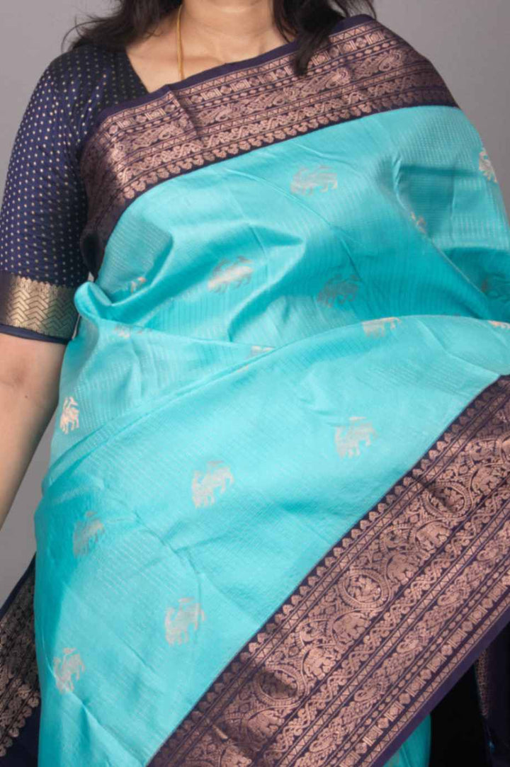 Skyblue and navyblue korvai silk saree