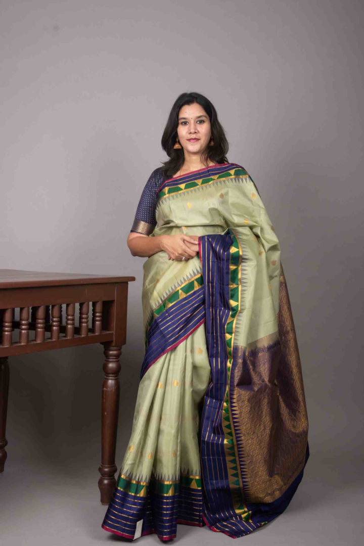 Sage green and navyblue korvai silk saree
