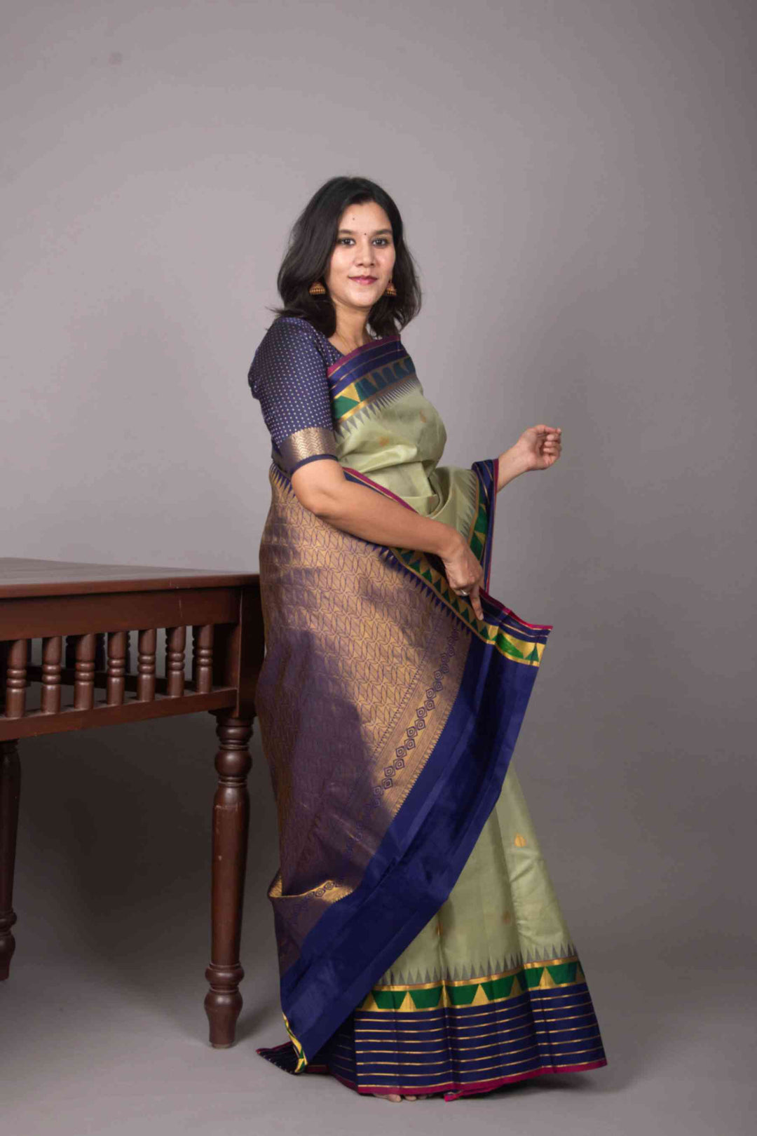Sage green and navyblue korvai silk saree