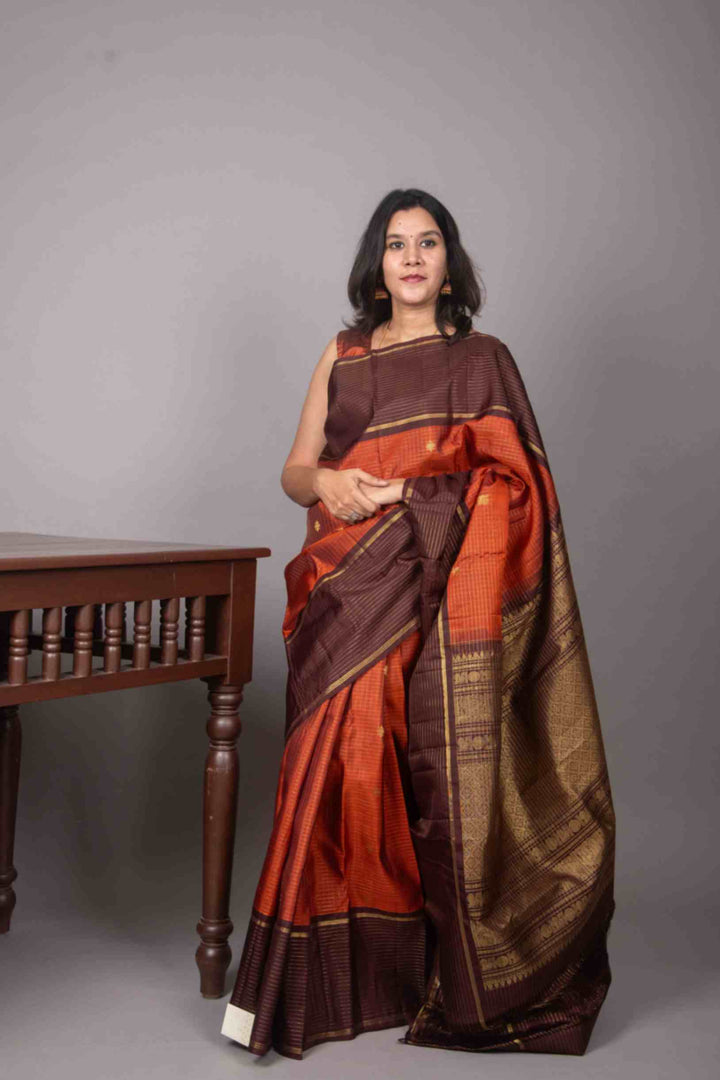 Rust and brown traditional kanjivaram silk saree