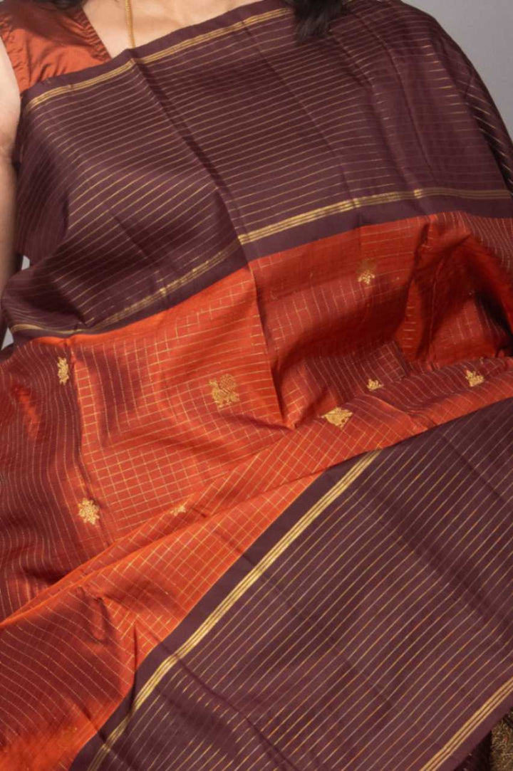 Rust and brown traditional kanjivaram silk saree