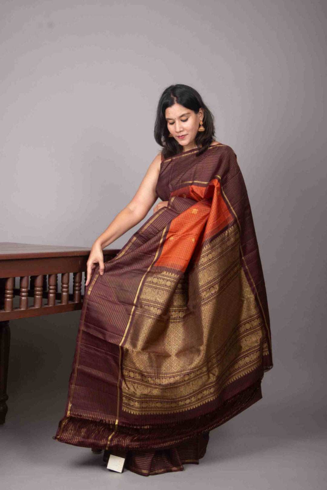 Rust and brown traditional kanjivaram silk saree